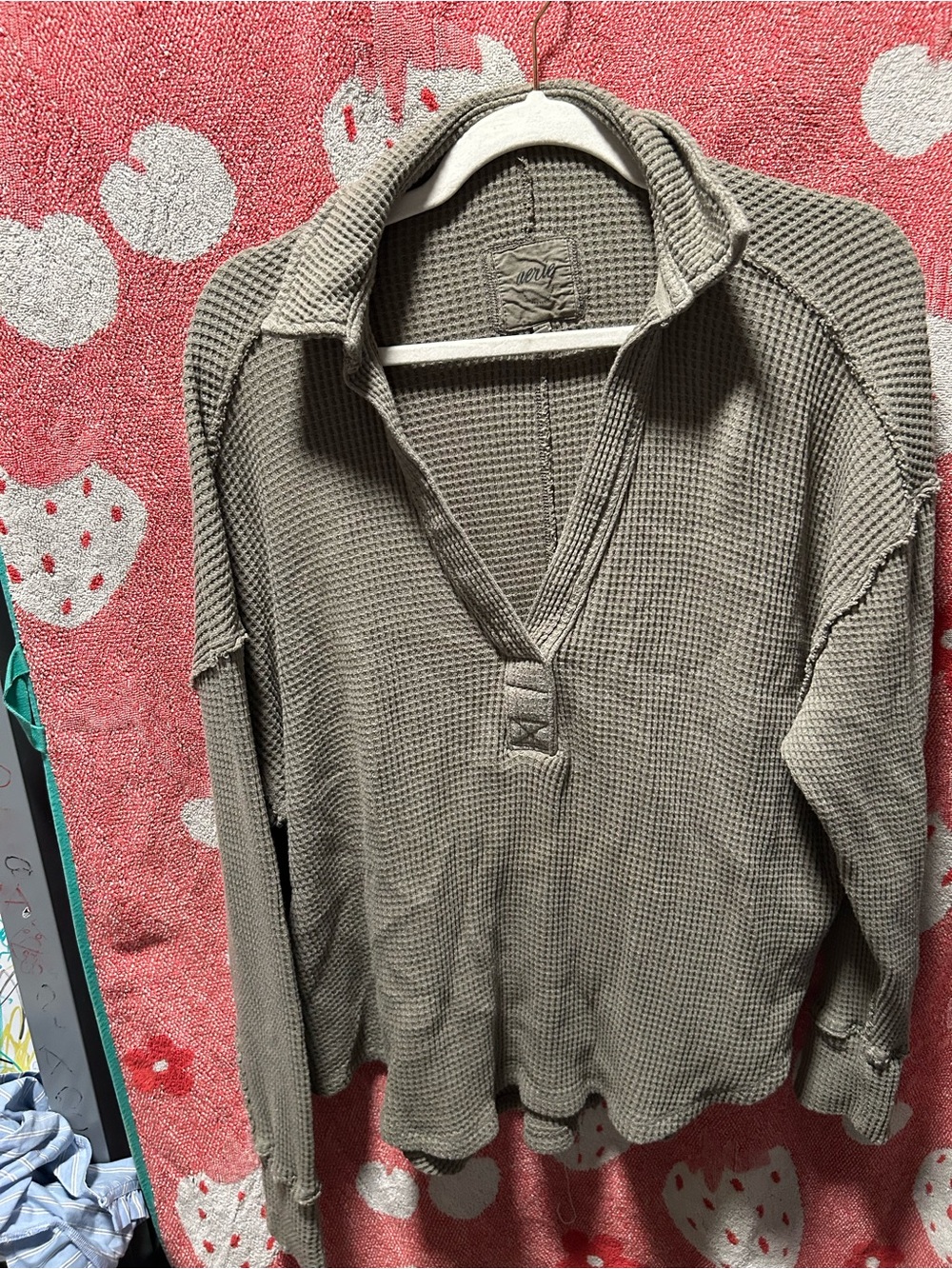 Aerie Lumberjane Waffle Polo Sweatshirt Olive Green Gray S